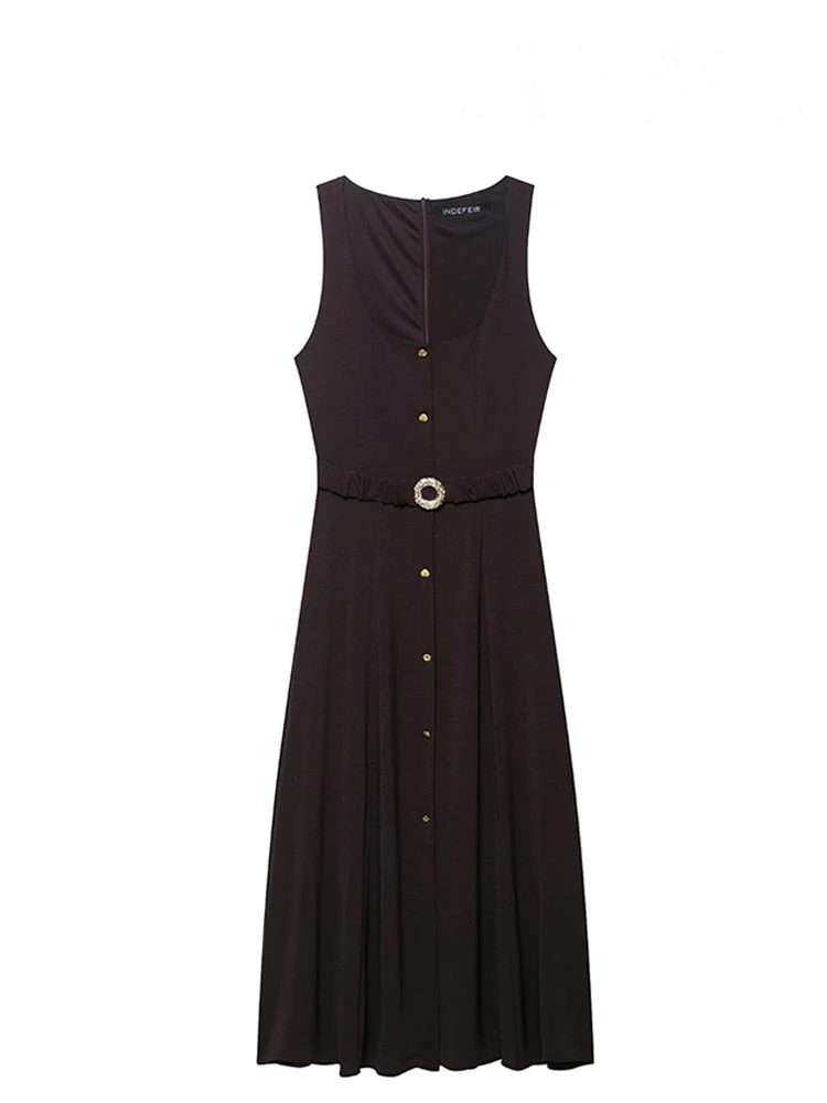 

HH Women Summer Elegant Backless Long Dress Square Collar Belt Decoration Zipper Female Fashion Solid Sleeveless Dresses