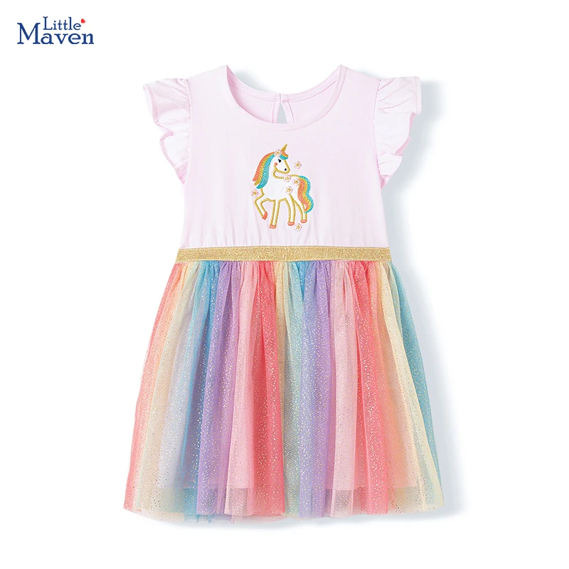 

Детская одежда Little maven, детская одежда, лето 2021, платья с вышивкой из мультфильма «Радужные единороги», платья