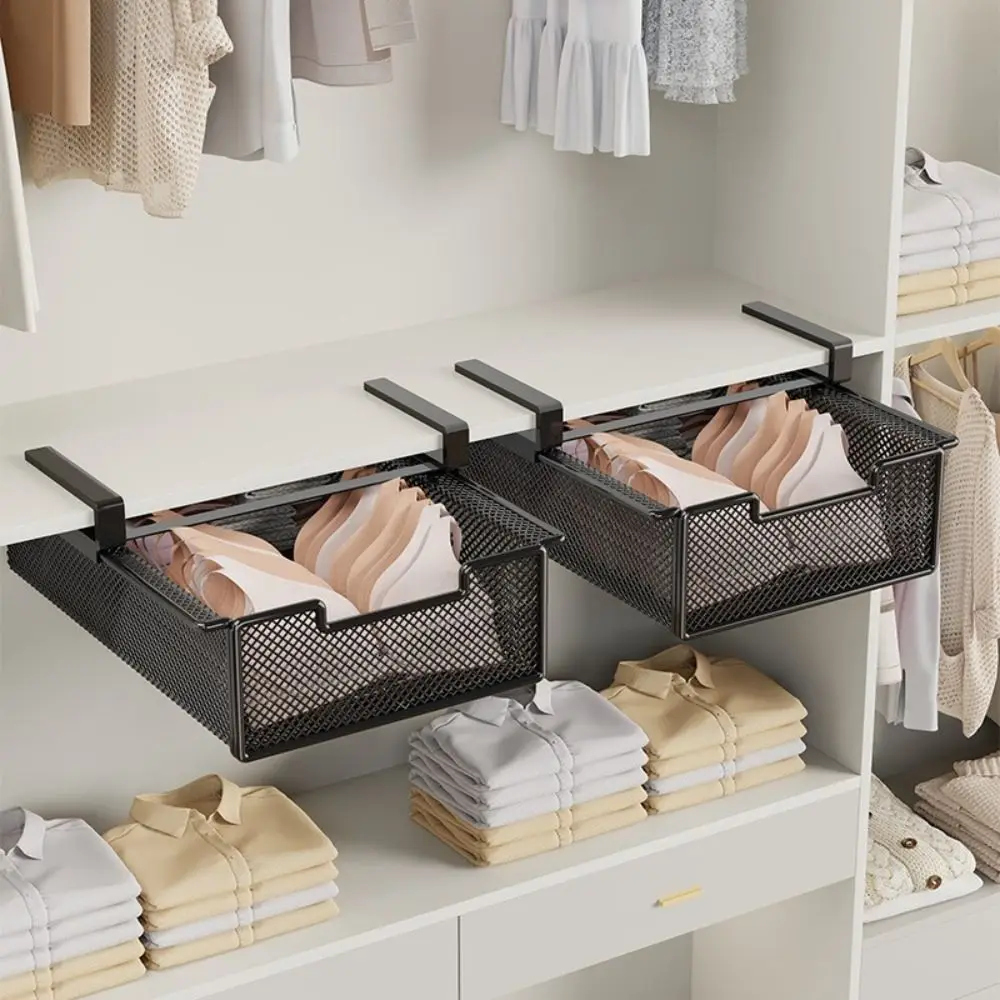 Large Capacity Underwear Storage Basket Under Shelf Pure Color Hanging Organizer Basket Design Under Cabinet Wardrobe Organizer