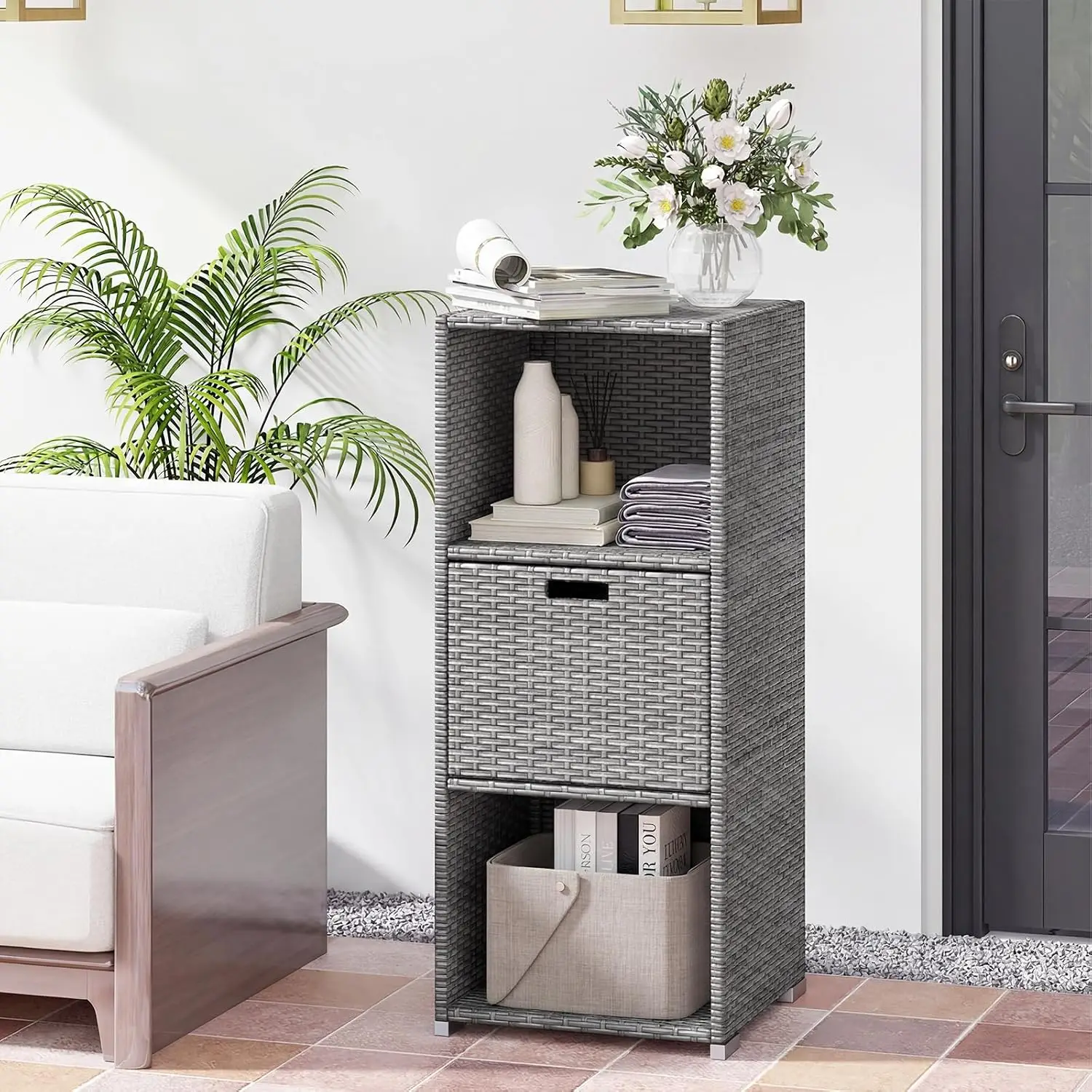 Outdoor Storage Cabinet PE Rattan Wicker Storage Shed Organizer With Shelves Drawer, Patio Porch Garden Backyard Poolside Utility Cabinet, Hand Woven PE Rattan, Mix Grey
