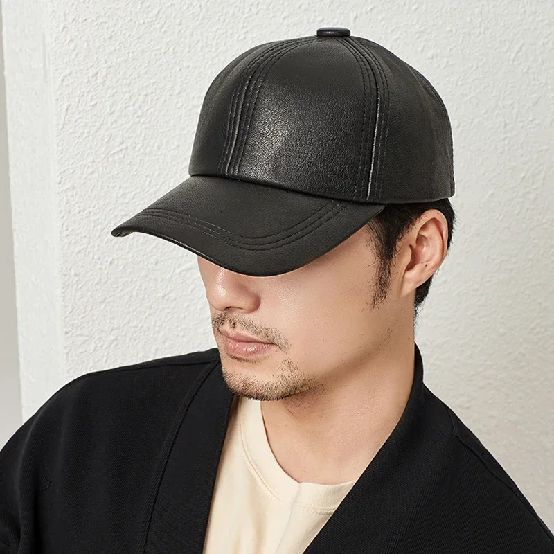 New 2024  Men Korea Genuine Leather Baseball Caps Male Casual Cowhide Belt Ear Warm 56-60 Adjustable Sprot Flight Hats