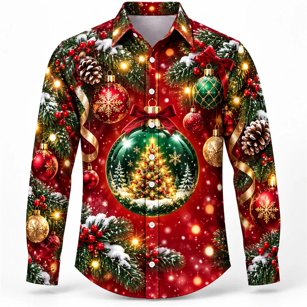 3D print Christmas light decorations pattern funny long sleeve shirt for men Fun Festive Costumes and Outfits lapel button shirt