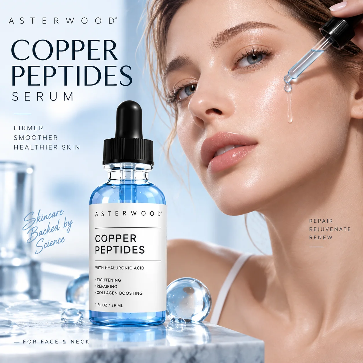 GHK-Cu Copper Peptide Serum Hyaluronic Acid Firming Hydrating Moisturizing Fine Line Care Improve Skin Elasticity for Face Neck