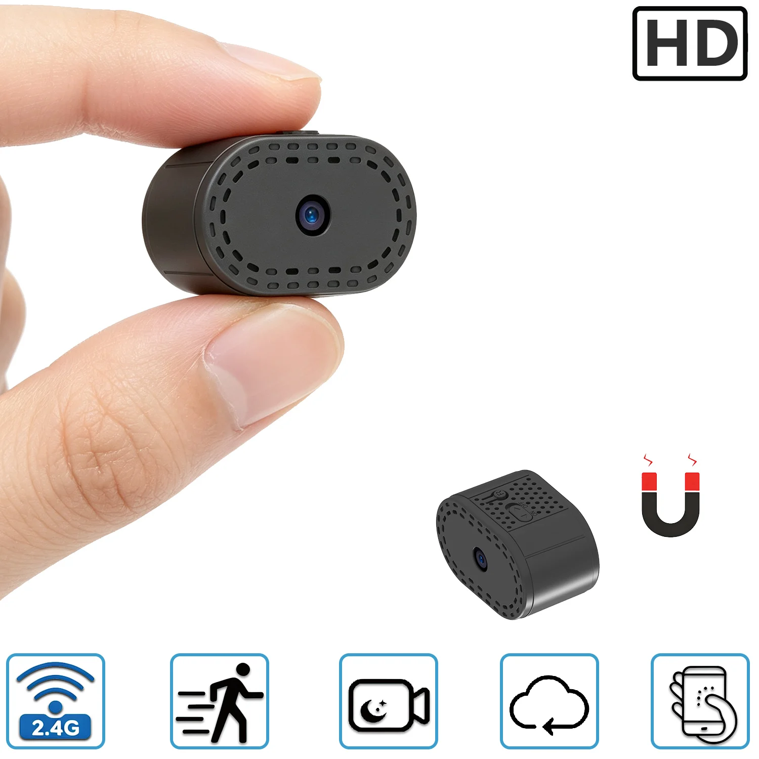 Mini Magnetic WiFi Security Camera, Drill-Free Mount, HD Remote, Motion Detect, Night Vision, Push Alert, Cloud Storage