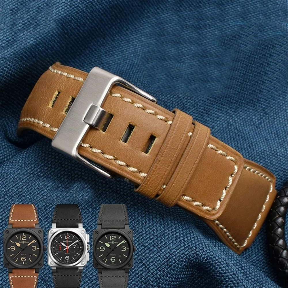 Watch Strap Genuine Leather for BELL&ROSS BR01 BR03 Silicone Watchband BELL ROSS BR01BR03 24MM Band