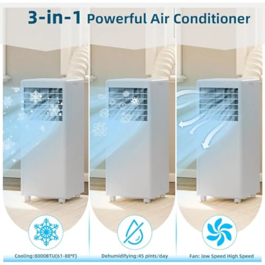Portable 8000 BTU air conditioner with dehumidifier and fan for bedroom kitchen or office use, white ABS plastic housing, quiet