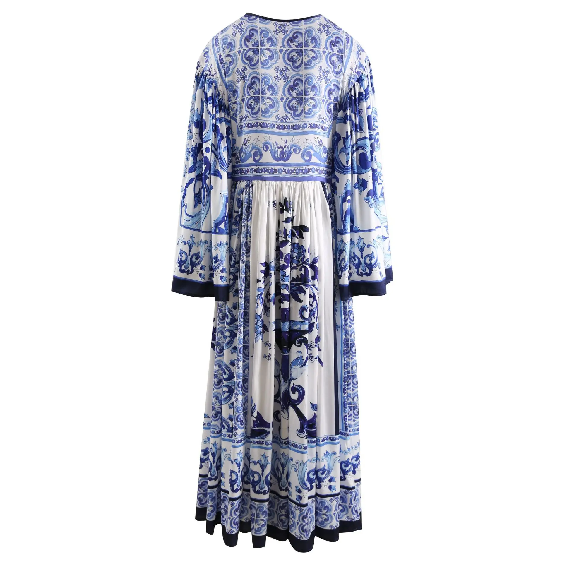 HIGH QUALITY  Luxury Designer  Women Blue Porcelian Print Chiffon Loose Maxi Dress Flare Sleeve Elegant For Party Holiday 2023