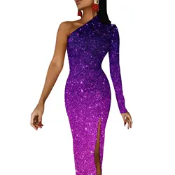 Glitter Ombre Print długa sukienka kobieca magiczna fioletowa estetyczna sukienka Maxi wiosna z długim rękawem elegancka sukienki bandażowe typu Bodycon odzież