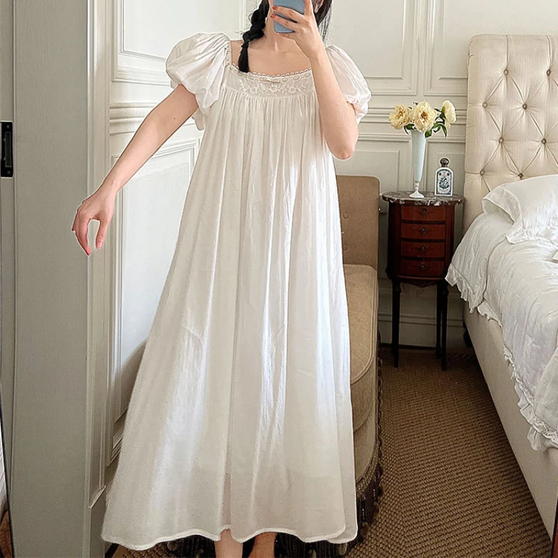 Embroidered Cotton Night Dress Vintage Nightgowns Women Summer Puff Sleeve Long Peignoir Victorian Nightdress Princess Sleepwear