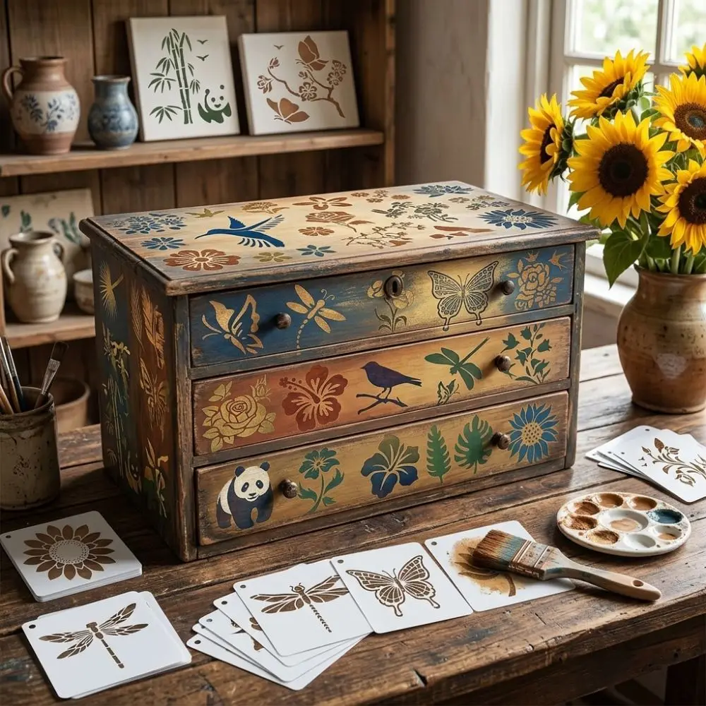 50pcs/set Floral Series DIY Painting Stencil Set Hollow Reusable Painting Templates PET Washable Wall Art Stencils Card Making