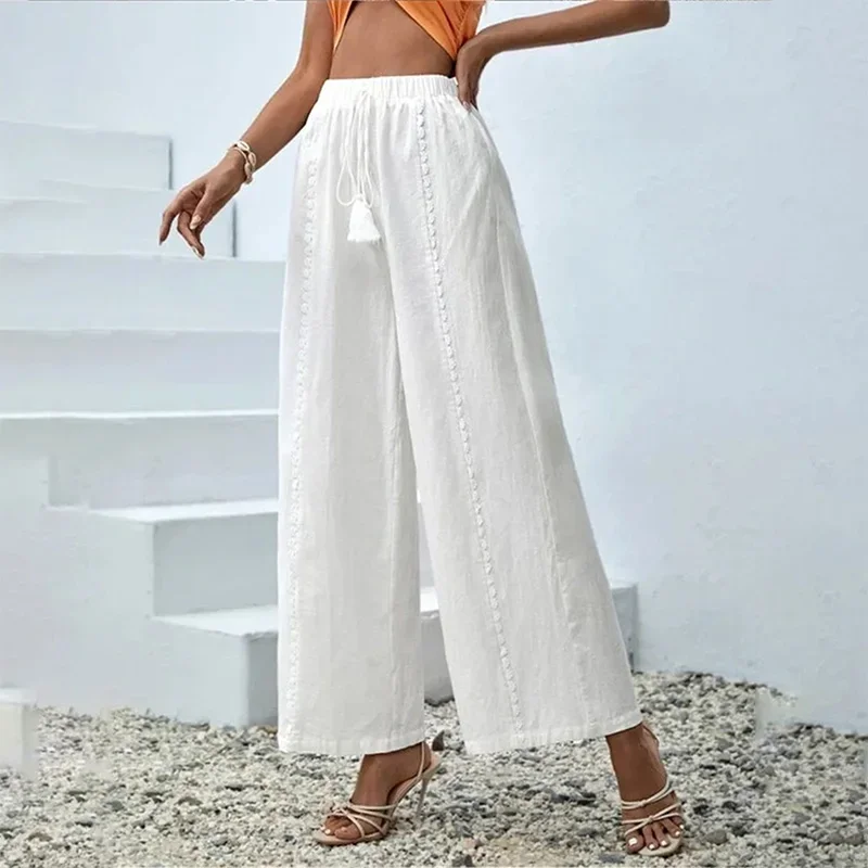 Spring Summer Women's Clothing Literature and Art Vintage Black White Loose Crumpled Casual Tassel Nine Points Wide Leg Pants