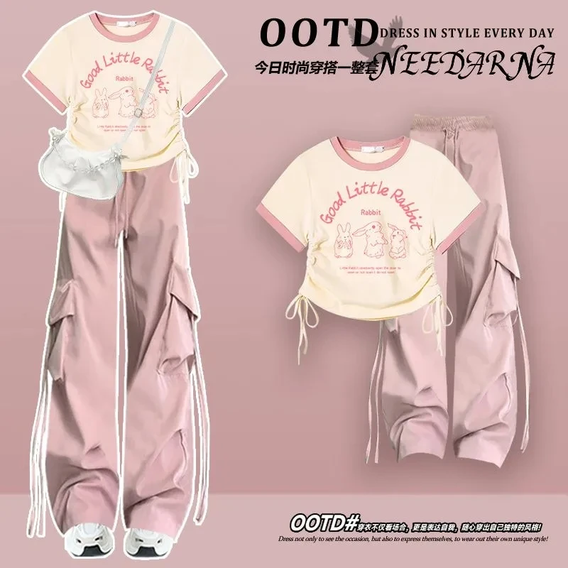 Spring/Summer Fashion Women\'s Set 2024 New Korean Edition Dopamine Wearing Pink Work Pants Age Reducing Two Piece Set