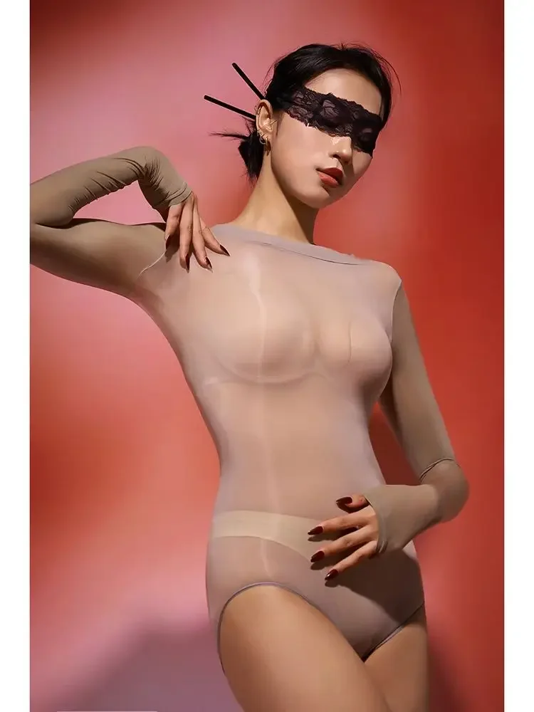 女性のためのシームレスな光沢のあるバストボディ,長袖ビキニ,ホットタイツ,セクシーなクラブウェア,透明な水着,ボディテディ