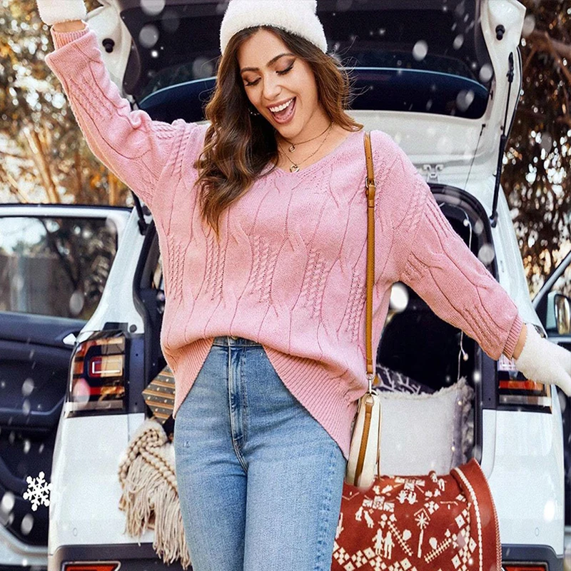 

Elegant Fashion Knitted Sweater Solid Color Short Sleeve Ladies Coarse Needle V-Neck Sweater Stylish Top for Women