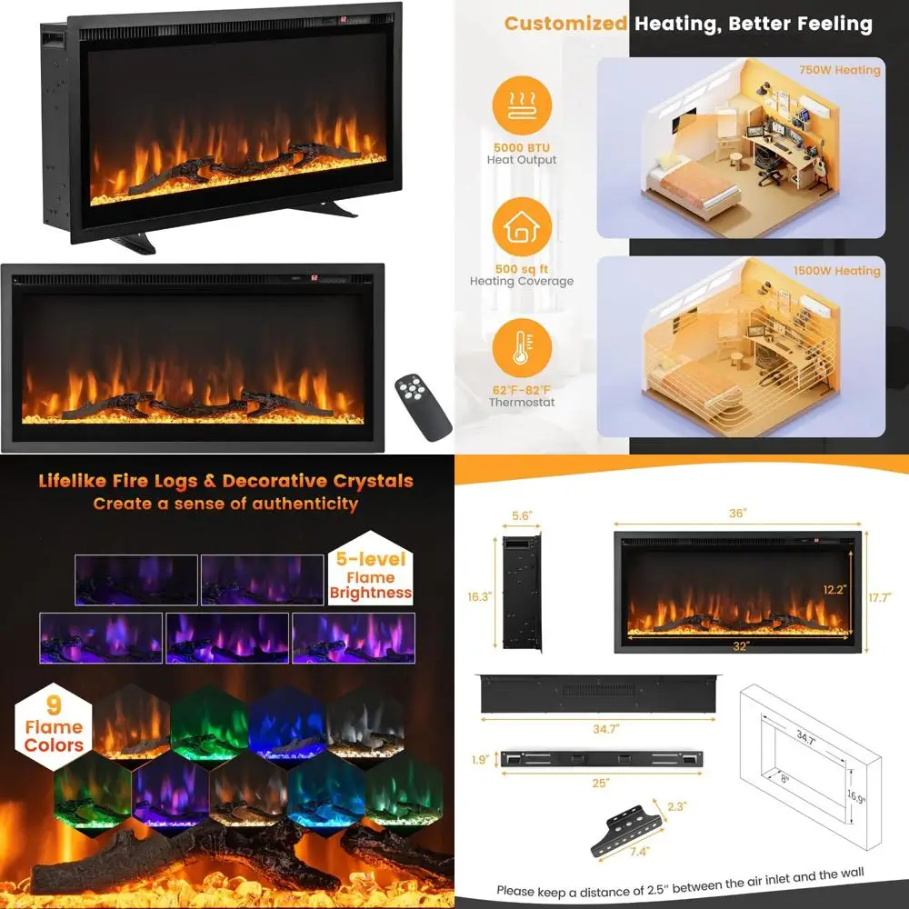 

36 Wall-Mounted Electric Fireplace, 750W/1500W Adjustable Heat, Modern Linear Heater with Remote Control