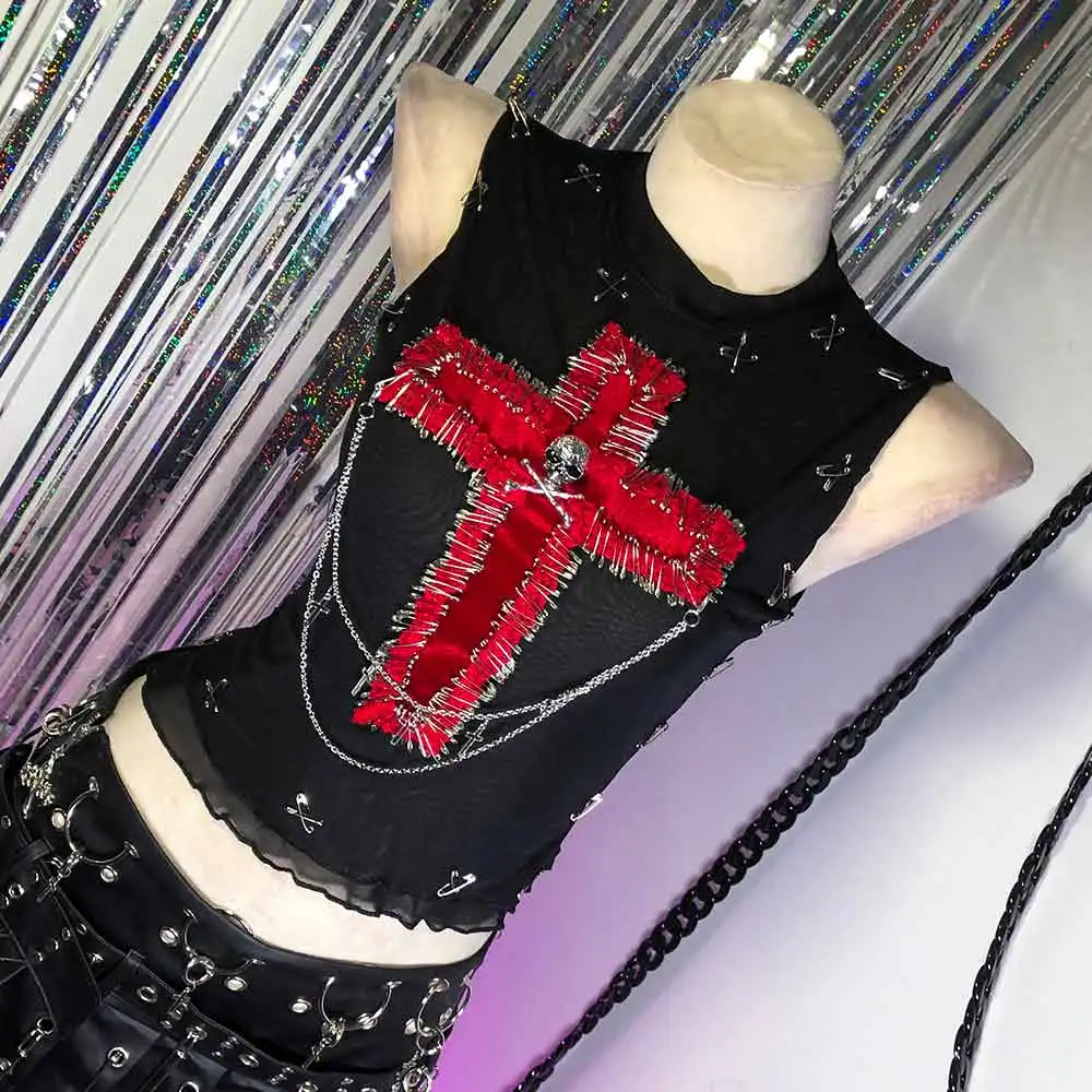 

Vintage E-Girls Grunge Teen Kawaii Club Wear Y2K TOPS Gothic Tank 90s Emo Cross DIY Punk Rock Goth Hand Made Harajuku Eco Pin