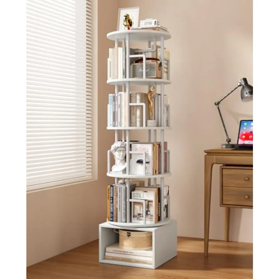 Estantería Giratoria de 5 Niveles con Gabinete de Almacenamiento Adicional para Dormitorio o Sala de Estar, Diseño de Esquina Giratorio 360° en MDF Blanco Puro, Ahorro de Espacio