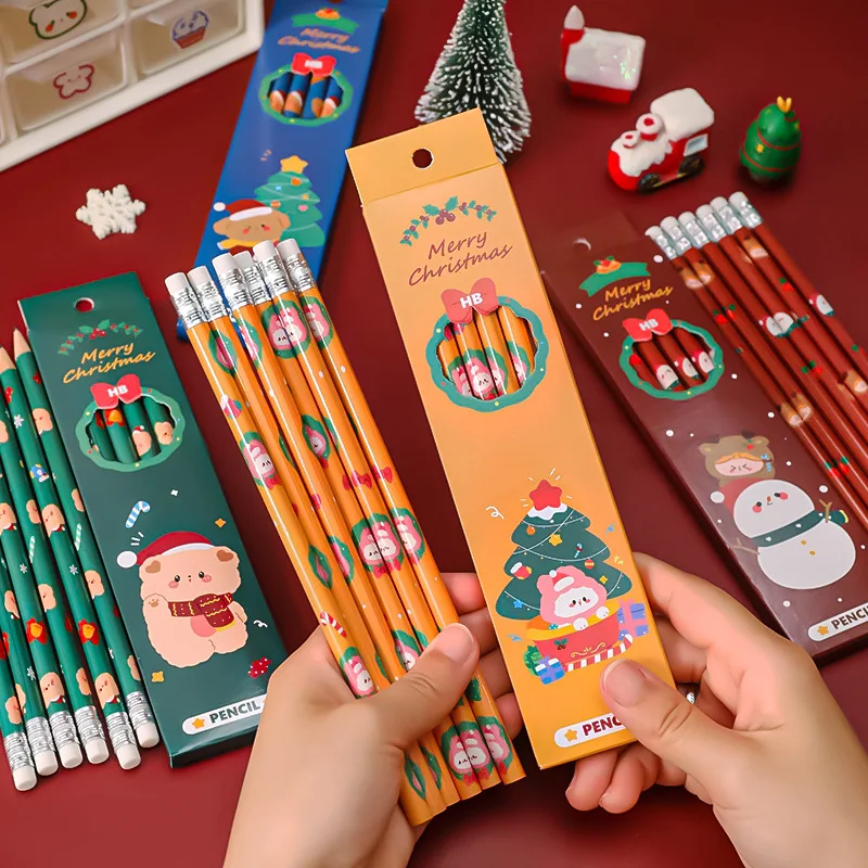 

6pcs Kawaii Christmas Tree Bear Wooden Pencil HB Pencil With Eraser Children's Drawing Pencil School Writing Stationery