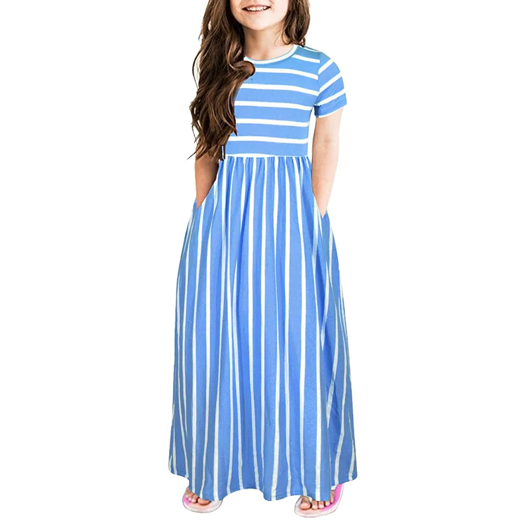 

Girls Striped Long Dress Teenager Beach Party Bohemia Maxi Dresses With Pocket Casual Sundress Outfits Beachwear For Children