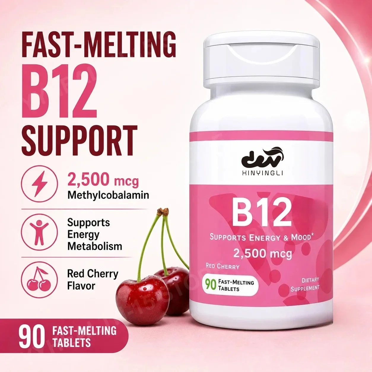 Methylcobalamin Vitamin B12 2500mcg Fast Dissolve Tablets 90 Servings Cherry Flavor Daily Energy Metabolism Support for Adults
