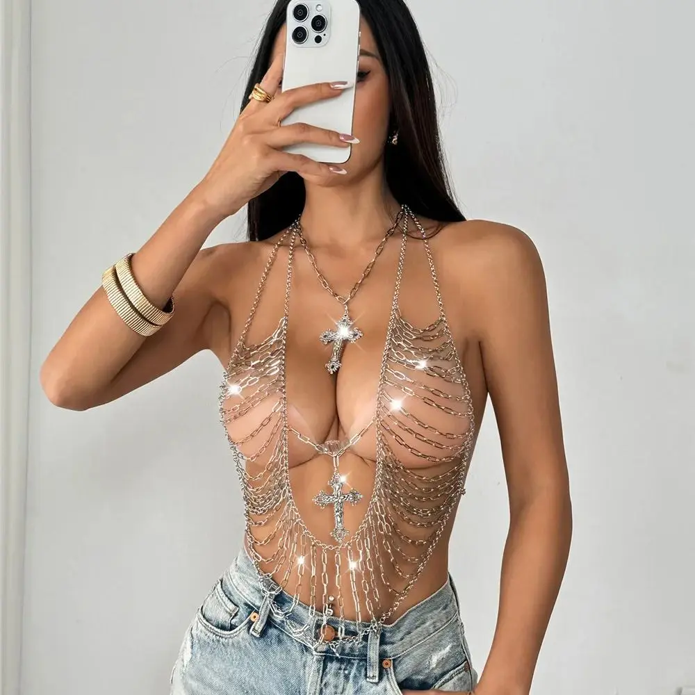 European & American Metal Fringe Body Chain Sexy Cross Rhinestone Openwork Choker Necklace Music Festival Party Layered Outfit