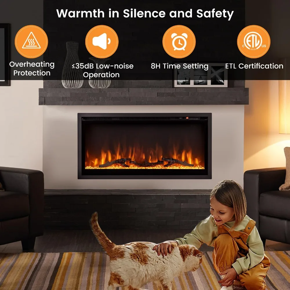36" Electric Fireplace in-Wall Recessed, Wall Mounted and Freestanding, 750W/1500W Linear Fireplace Heater with Remote Control