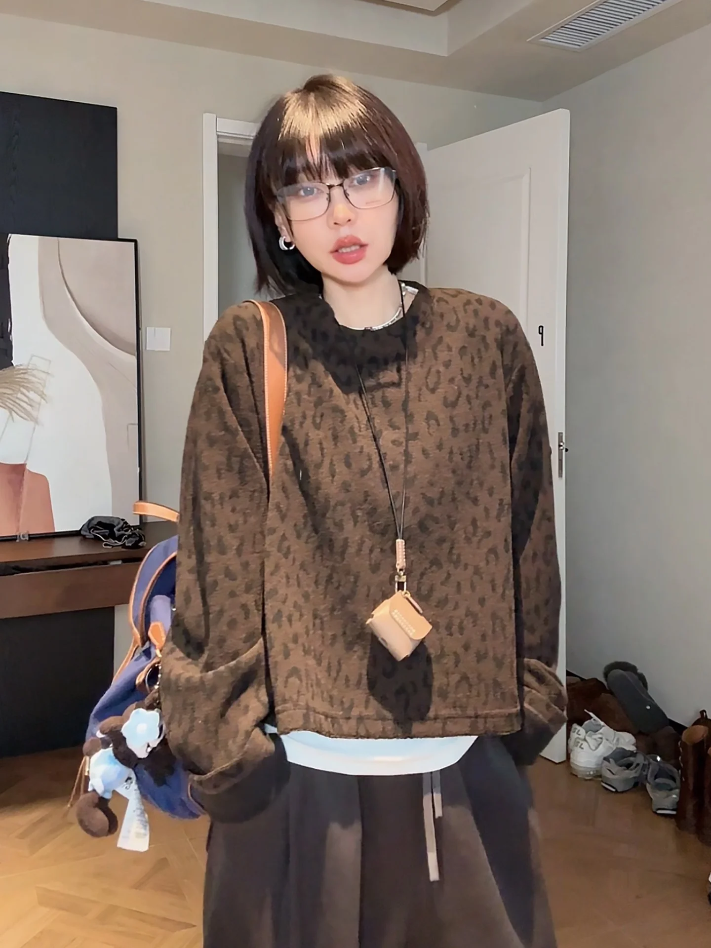 الشتاء Thiened ليوبارد طباعة تريكو فضفاض عادية طويلة Sve المرأة الأعلى Faionable تخفيف Sle جولة Ne سترة #2