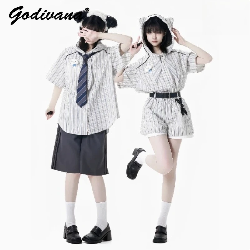 

New Summer BF Style Casual Shorts Set Female Girls Short Sleeve Hooded Striped Shirt Wide Leg Shorts Women's Outfits