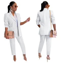 Basic Elegant Women's Blazer Double Breasted Blazers and Straight Flare Pants Suit Matching Two 2 Piece Set Outfits