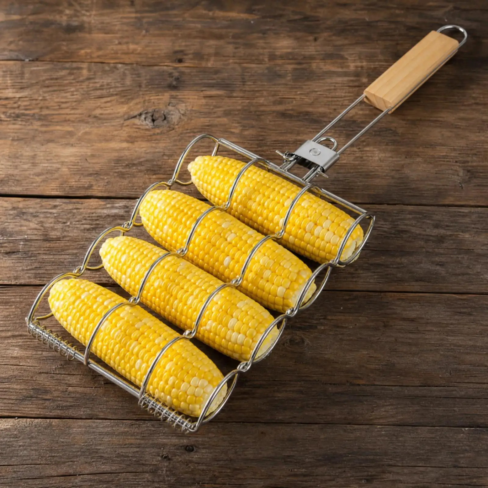 Foldable Stainless Steel Corn Grilling Basket Wooden Handle Outdoor BBQ Grill Rack for Camping Picnic Cookout Tool