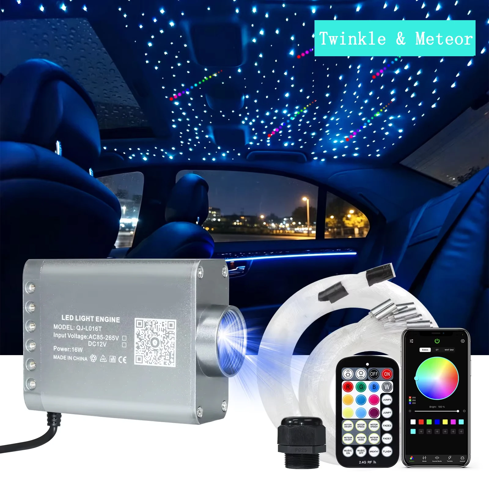16W Starlight Headliner Kit with Shooting Star for Car Roof Twinkle RGBW Music Control Smart APP Ambient Light