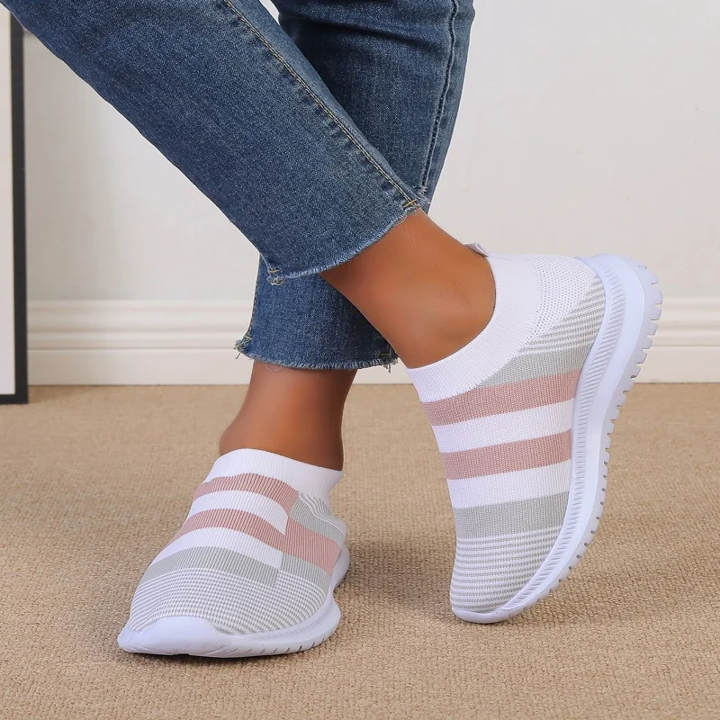 Fashion Striped Knitted Sneaker Shoes for Women Comfort Soft Slip-On Flats Woman Mix Color Non-Slip Sports Shoes Zapato Mujer