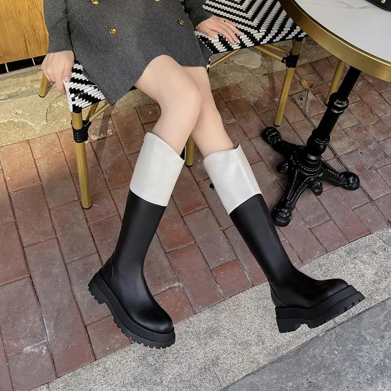 MORAZORA 2024 New Genuine Leather Boots Women Square Heels Zipper Knee High Boots Platform Shoes Black Ladies Motorcycle Boots