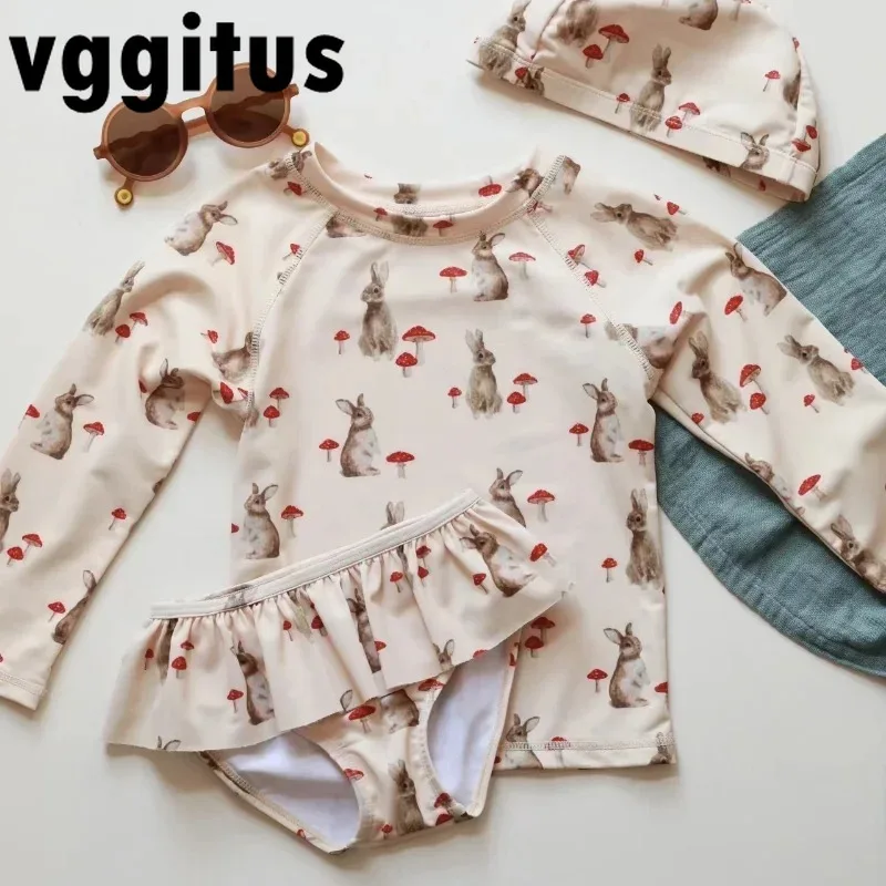 Kids Girl New Summer 2pcs Swimwear Sets Long Sleeves tops Rabbit Cherry Swimm Trunks+Cap Fast Dry Conservative Swimsuit H6615