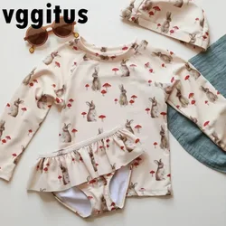 Kids Girl New Summer 2pcs Swimwear Sets Long Sleeves tops Rabbit Cherry Swimm Trunks+Cap Fast Dry Conservative Swimsuit H6615