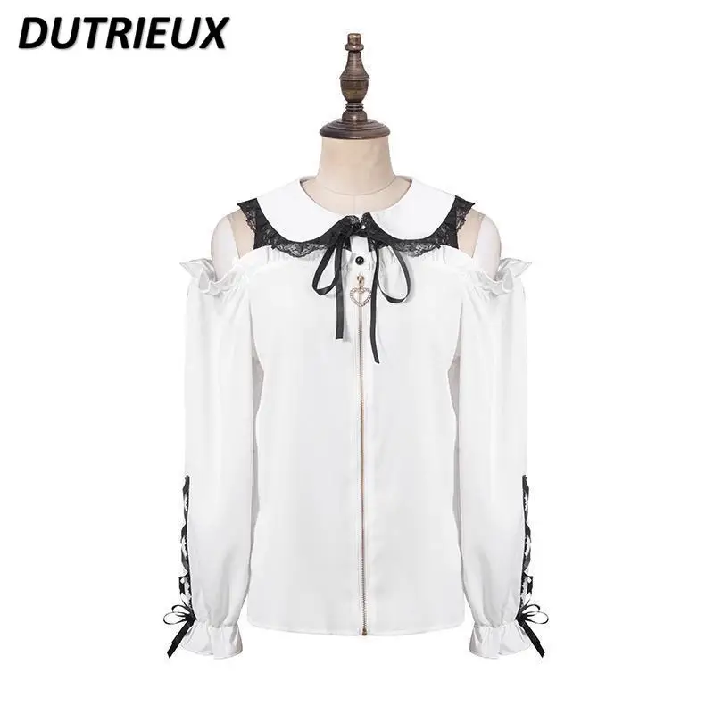 Japanese Mine Shirts Women Summer New Sweet Lolita Casual Long Sleeve Top Cute Sailor Collar Lace Ruffled Doll Collar Shirt Girl