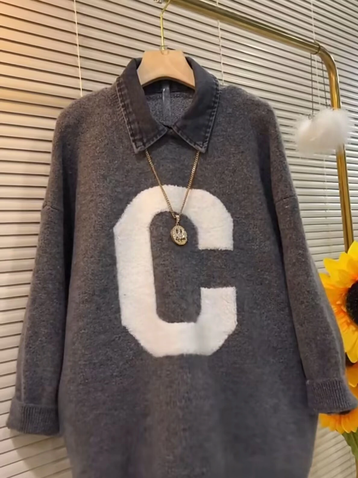 المرأة الدنيم طوق قاعدة طبقة محبوك سترة وهمية قطعتين الخريف الشتاء الدافئة طويلة Sve Ne عادية Sle