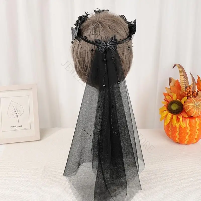 R7UF Costume Hair Headpiece with Butterfly Trim and Black Back Drape