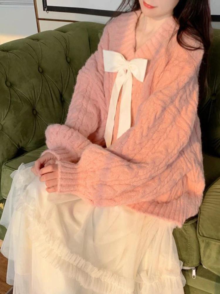 Winter Pink Kawaii Pullover Sweater Women Bow Loose Knitted Sweater Female Casual Korean Fashion Warm Sweet Sweater 2022 New