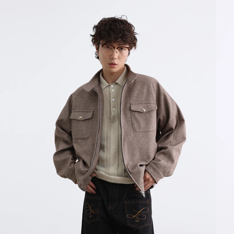 

Autumn Herringbone Cargo Jacket Men and Women Japanese Korean Streetwear Vintage Fashion Woolen Short Coat Bomber Jacket