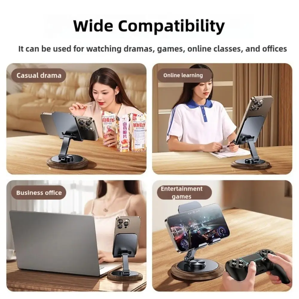 Professional Walnut Base Phone Holder Folding 360° Rotating Tablet Stand Metal Universal Cell Phone Bracket Live Streaming