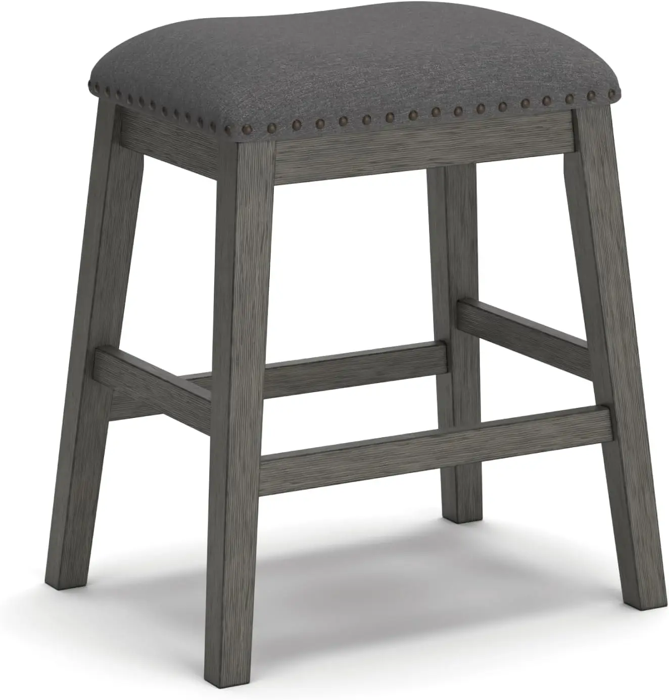 Rustic Gray Counter Height Upholstered Barstool Set of 2, Solid Acacia Wood with Nailhead Trim