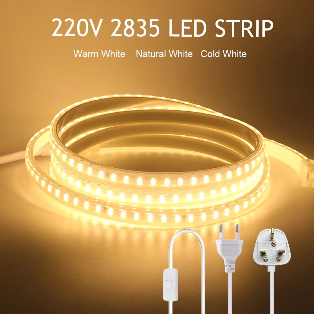 

220V LED Strip 2835 High Brightness 120LEDs/m EU UK Plug Flexible LED Light Waterproof LED Tape With Switch 3000K 4000K 6000K