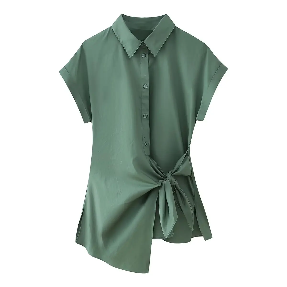 Tangada 2024 Women Green Cotton Wrap Shirt Short Sleeve Turn Down Collar Female Tops CE024