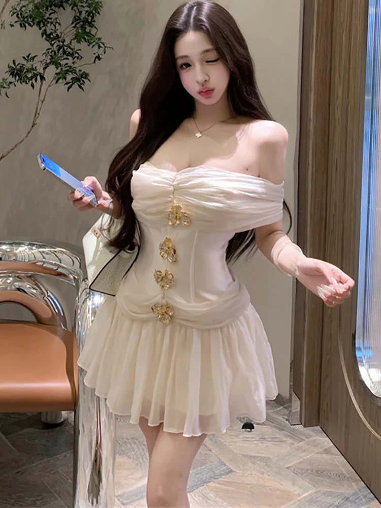 Vrouwen Solid Mesh Diamanten Chique Borst Wikkelen Sexy Mini Jurk Zomer Elegante Luxe Jurk 2025, Koreaanse Vintage Bodycon Galajurk