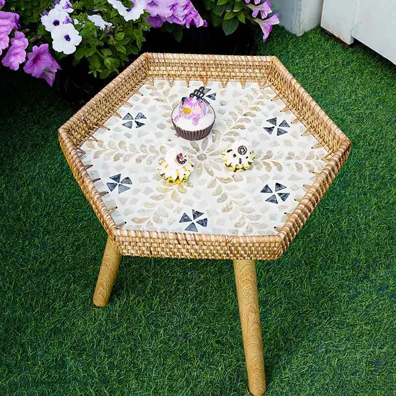 

Vine Woven Coffee Table, Creative Shell Tea Table, Living Room Side Table, Storage Tray Desk, Vintage Furniture,Home Accessories