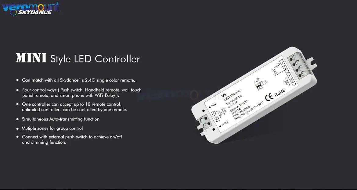 Skydance V1 2.4G Single Color RF Push Dim Dimming LED Controller DC5V 12V 24V 36V 8A Dimmer Receiver for Single Color LED Tape