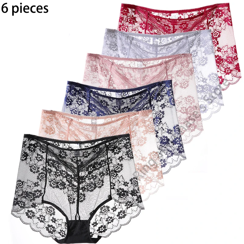 6 Pcs Women's underwear Sexy Transparent Lace Panties Sexy Soft High waist Ladies Lingerie High-quality Large size50-100KG