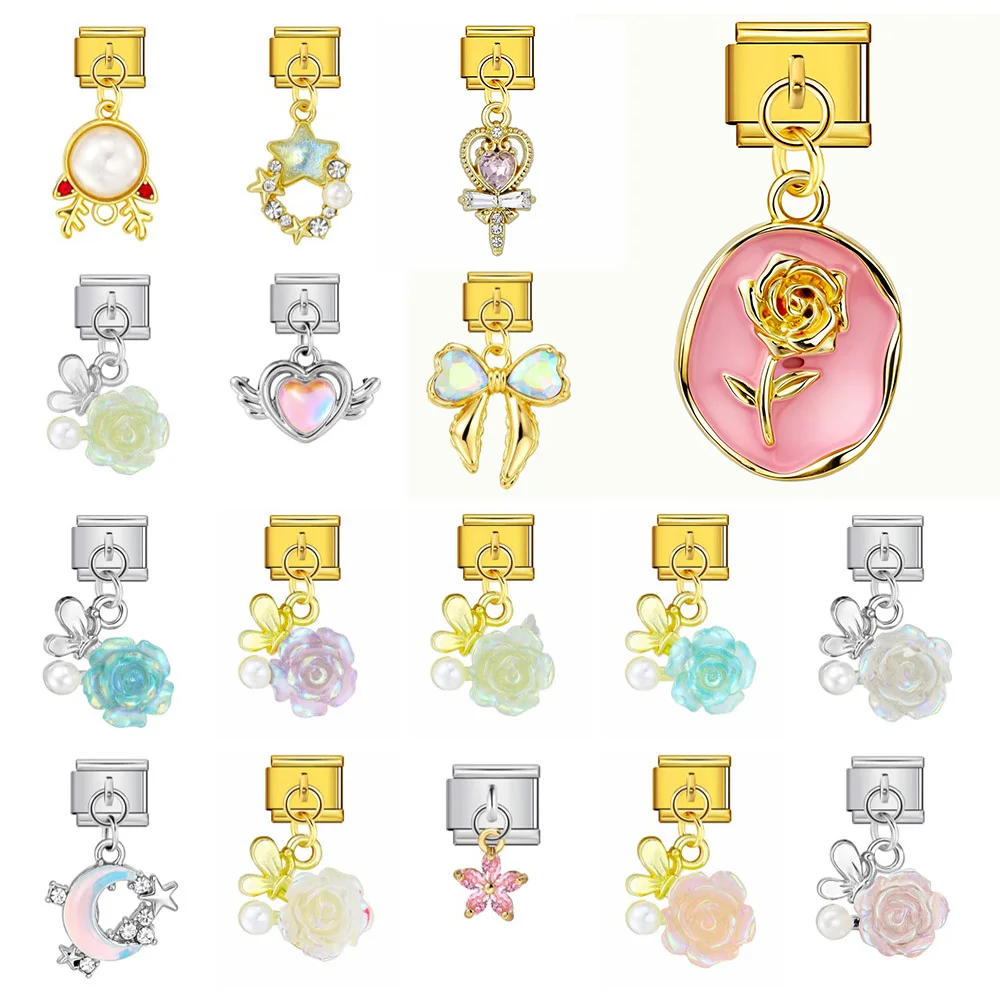 Bunter Hirschkopf-Kamelienblüten-Rosen-Anhänger im italienischen Stil, passend für 9mm Edelstahl-Armbänder, Modeschmuck zum Selbermachen – Detail 1