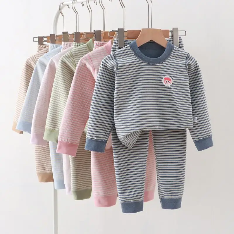 

Boys Girls Home Clothes Casual Fashion Pajamas Slim Warmth Striped Two-Piece Bottoming Shirts Comfortable Children Clothes